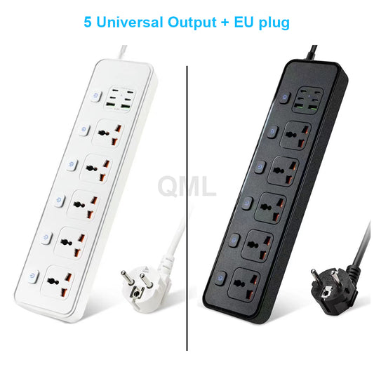 UK EU Plug 3250W 250V 5Way Universal Power Strip With 2 USB Ports 4 Type C Port Power Socket Network Filter 2M Wire Black White