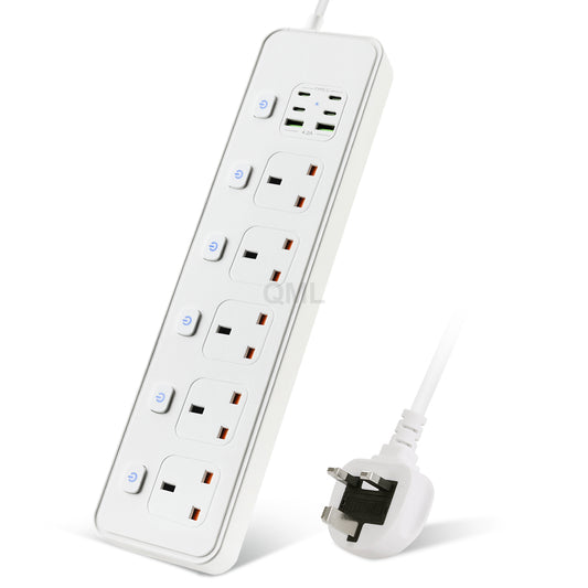 UK Plug 3250W 250V 5Way British Power Strip With 2 USB Port 4 Type C Port 2M Wire UK Power Socket Network Filter Black White