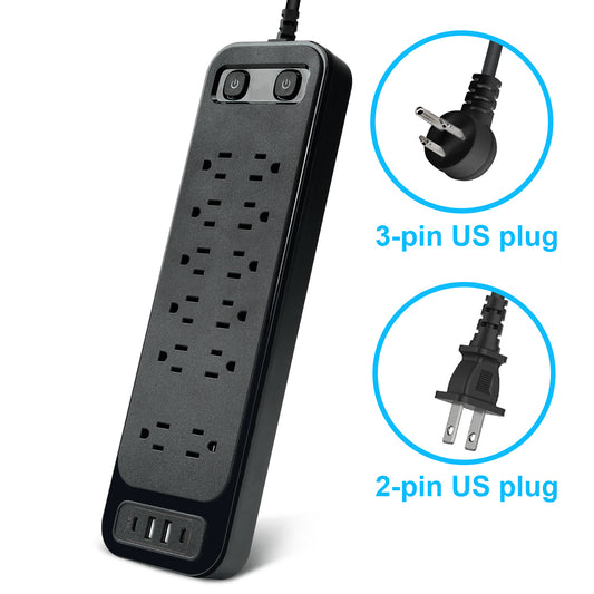 12 AC Output US Power Socket Board with Safety Switches 2M Extension Wire American Standard Power Strip 2 USB 2 Type-C Port