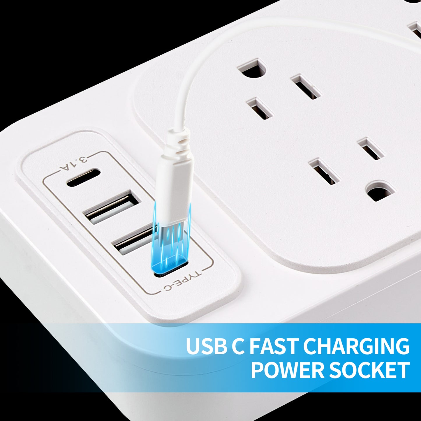 12 AC Output US Power Socket Board with Safety Switches 2M Extension Wire American Standard Power Strip 2 USB 2 Type-C Port