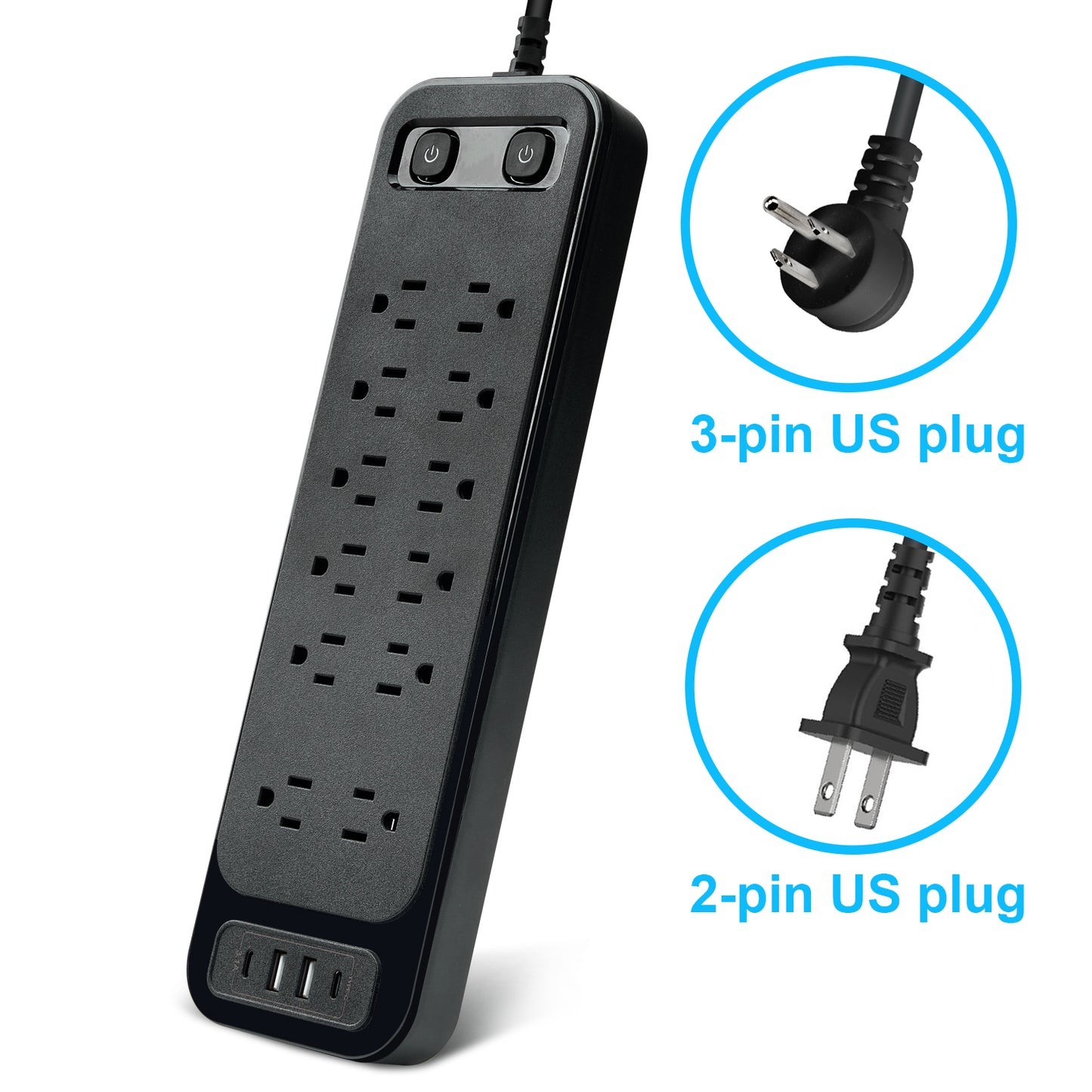 12 AC Output US Power Socket Board with Safety Switches 2M Extension Wire American Standard Power Strip 2 USB 2 Type-C Port
